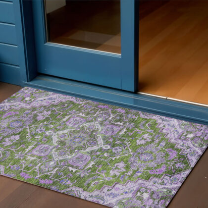 3' X 5' Olive Green And Purple Oriental Washable Indoor Outdoor Area Rug