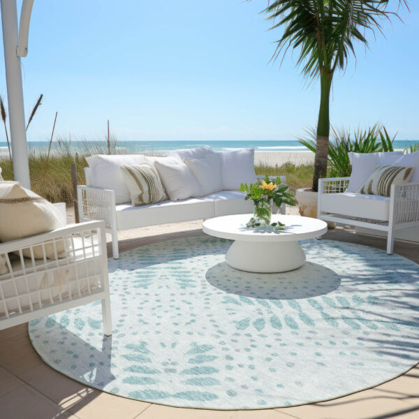 8' Teal Blue And Aqua Round Floral Washable Indoor Outdoor Area Rug