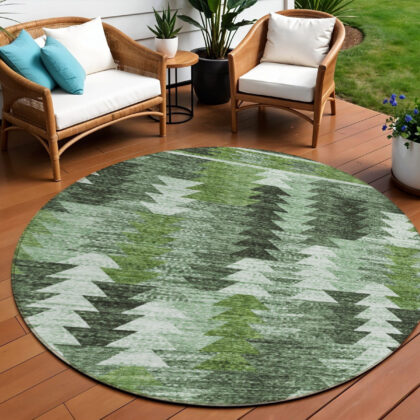 8' Olive Green And Fern Green Round Southwestern Washable Indoor Outdoor Area Rug