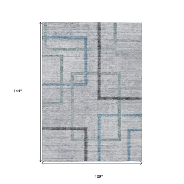 9' X 12' Gray Charcoal And Blue Geometric Washable Indoor Outdoor Area Rug