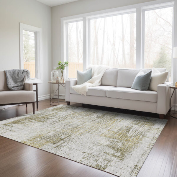 10' X 14' Pearl Ivory And Gold Abstract Washable Indoor Outdoor Area Rug