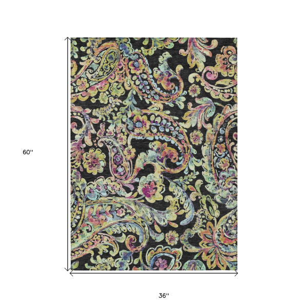 3' X 5' Black And Artichoke Green Paisley Washable Indoor Outdoor Area Rug