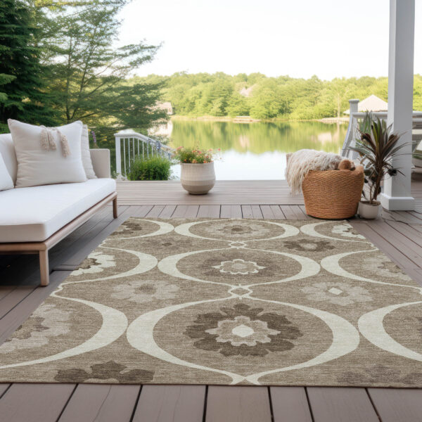 10' X 14' Taupe Brown And Ivory Medallion Washable Indoor Outdoor Area Rug