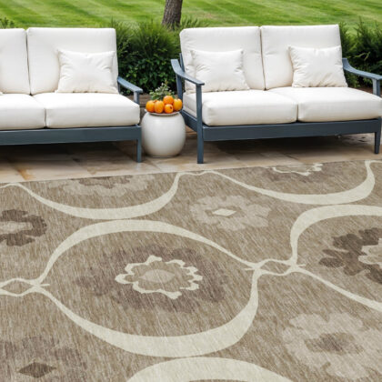 10' X 14' Taupe Brown And Ivory Medallion Washable Indoor Outdoor Area Rug