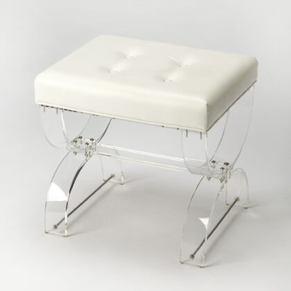 21" White Faux Leather And Clear Ottoman