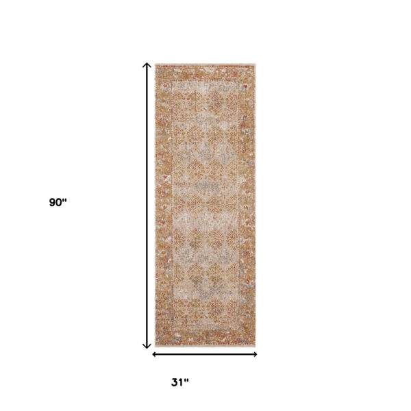 7' Beige Southwestern Power Loom Runner Rug With Fringe