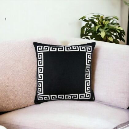Black and White Greek Key Bordered Throw Pillow