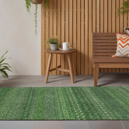 2' X 8' Fern Green Striped Washable Indoor Outdoor Runner Rug