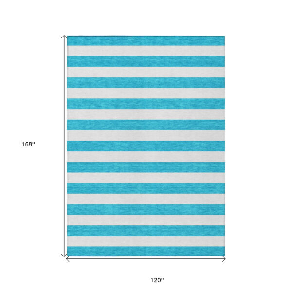 10' X 14' Teal and White Striped Washable Indoor Outdoor Area Rug
