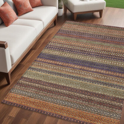 5' X 8' Orange Striped Washable Non Skid Indoor Outdoor Area Rug