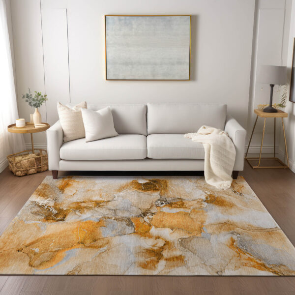 3' X 5' Orange and Ivory Abstract Washable Non Skid Indoor Outdoor Area Rug