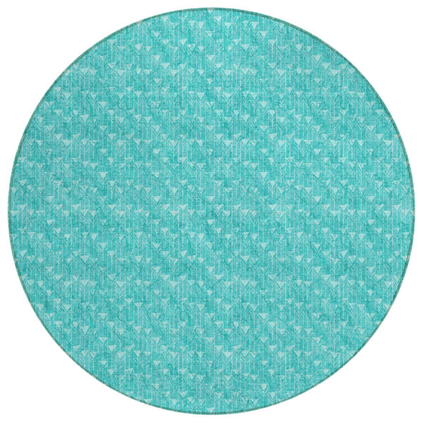 8' Round Turquoise Round Geometric Washable Non Skid Indoor Outdoor Area Rug