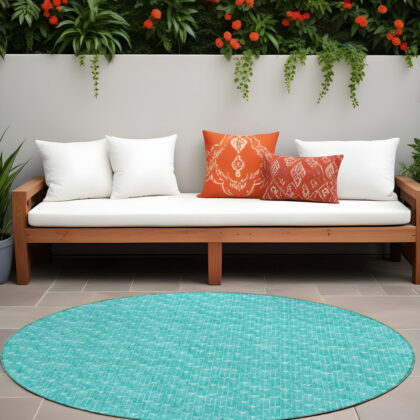 8' Round Turquoise Round Geometric Washable Non Skid Indoor Outdoor Area Rug
