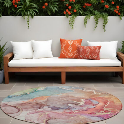 8' Round Blue Round Abstract Washable Non Skid Indoor Outdoor Area Rug