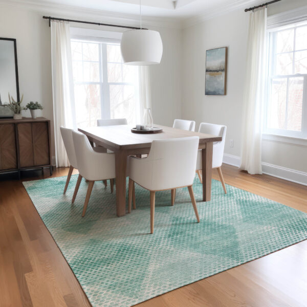 9' X 12' Teal Geometric Washable Non Skid Indoor Outdoor Area Rug