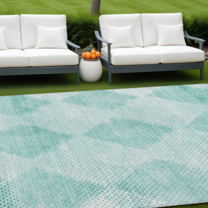 9' X 12' Teal Geometric Washable Non Skid Indoor Outdoor Area Rug
