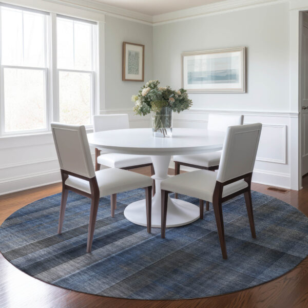 8' Round Blue Round Plaid Washable Non Skid Indoor Outdoor Area Rug