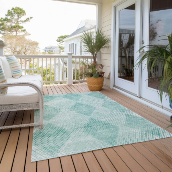 9' X 12' Teal Geometric Washable Non Skid Indoor Outdoor Area Rug