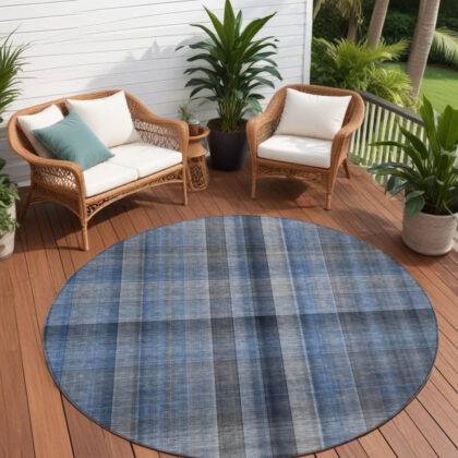 8' Round Blue Round Plaid Washable Non Skid Indoor Outdoor Area Rug