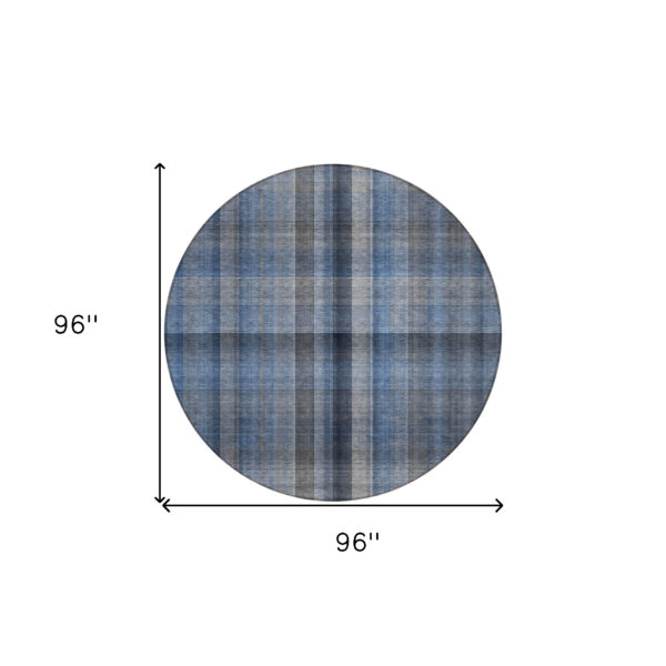8' Round Blue Round Plaid Washable Non Skid Indoor Outdoor Area Rug