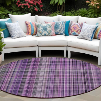 8' Round Purple Round Plaid Washable Non Skid Indoor Outdoor Area Rug