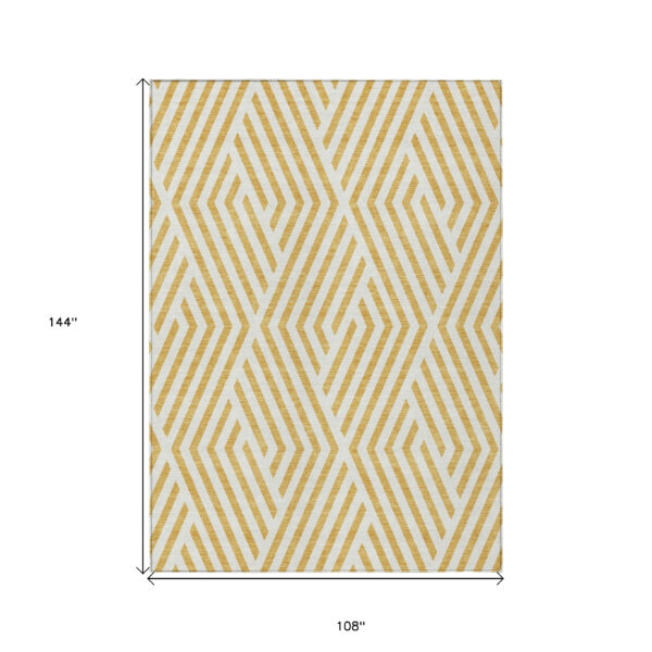 9' X 12' Gold and White Geometric Washable Non Skid Indoor Outdoor Area Rug