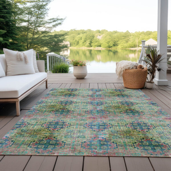 8' X 10' Blue and Green Floral Medallion Washable Non Skid Indoor Outdoor Area Rug