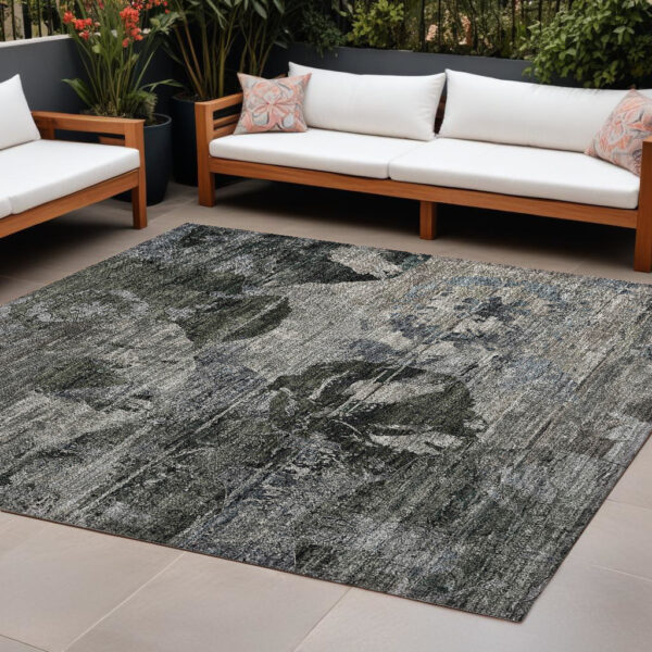 10' X 14' Gray Dark Green and Black Floral Washable Non Skid Indoor Outdoor Area Rug