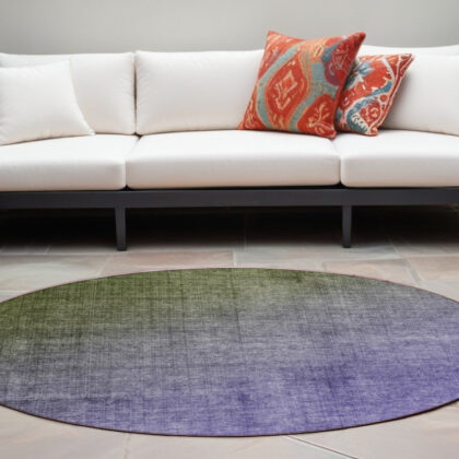 8' Round Olive Green and Purple Round Ombre Washable Non Skid Indoor Outdoor Area Rug