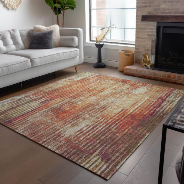 9' X 12' Orange Beige And Taupe Striped Washable Indoor Outdoor Area Rug