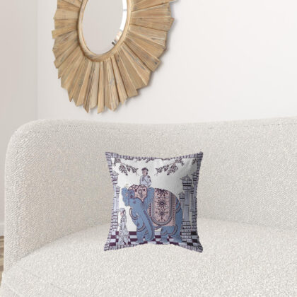 16” Blue Purple Ornate Elephant Zippered Suede Throw Pillow