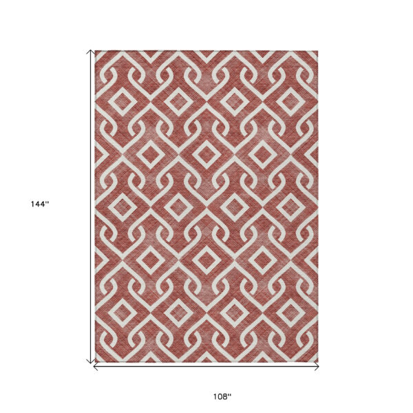 9' X 12' Burgundy And Ivory Geometric Washable Indoor Outdoor Area Rug
