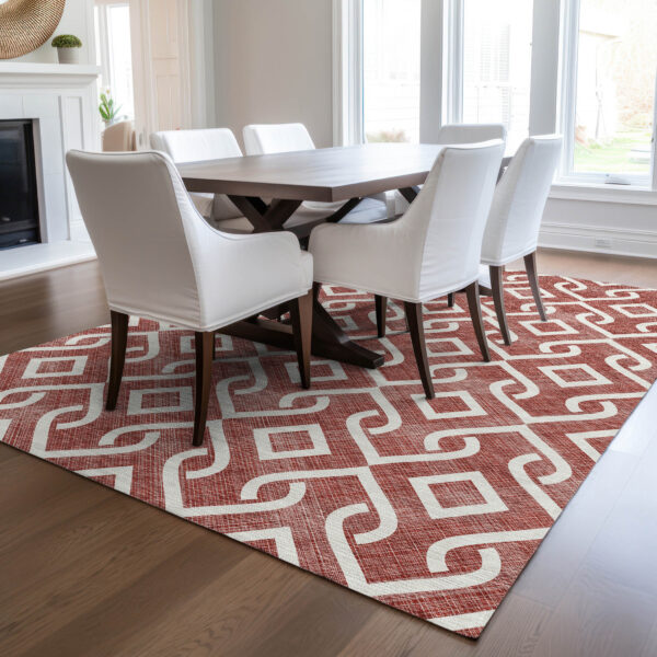 9' X 12' Burgundy And Ivory Geometric Washable Indoor Outdoor Area Rug