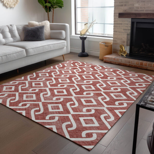 9' X 12' Burgundy And Ivory Geometric Washable Indoor Outdoor Area Rug