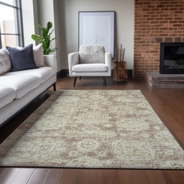 8' X 10' Brown Tan And Beige Floral Washable Indoor Outdoor Area Rug