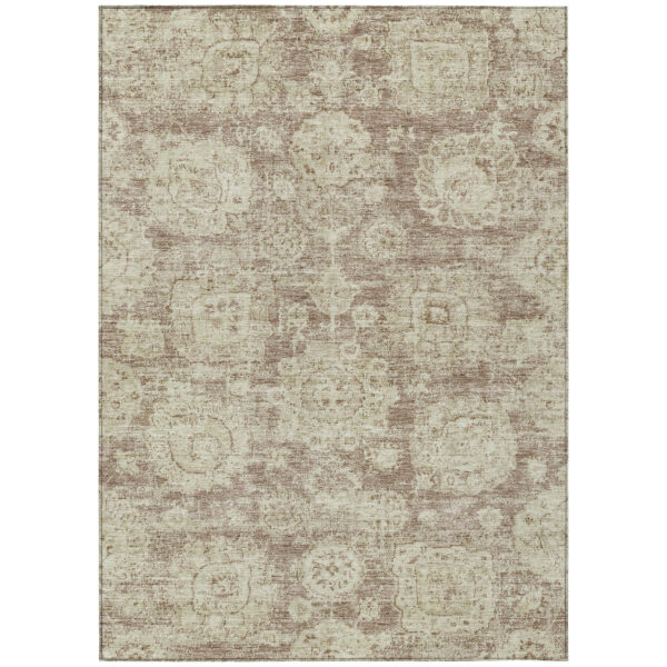 8' X 10' Brown Tan And Beige Floral Washable Indoor Outdoor Area Rug