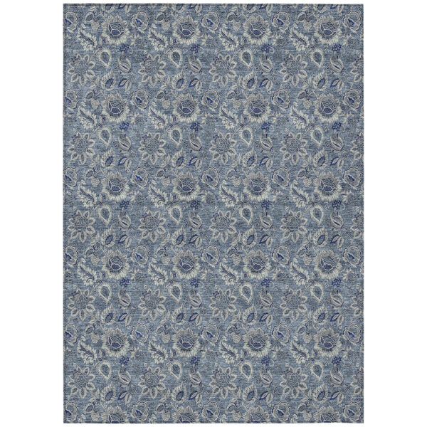 5' X 8' Denim Blue And Navy Blue Floral Washable Indoor Outdoor Area Rug