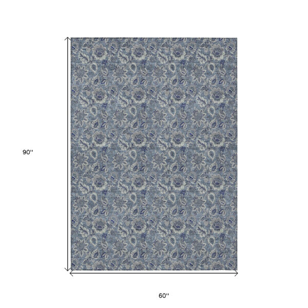 5' X 8' Denim Blue And Navy Blue Floral Washable Indoor Outdoor Area Rug
