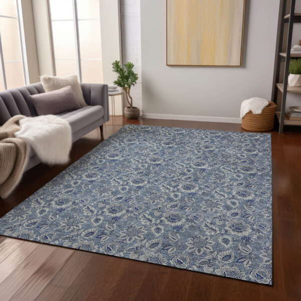 5' X 8' Denim Blue And Navy Blue Floral Washable Indoor Outdoor Area Rug