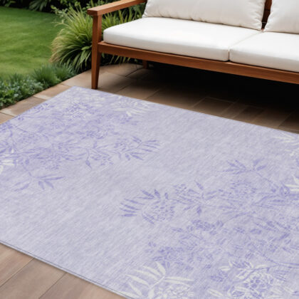 9' X 12' Lilac Purple And Ivory Floral Washable Indoor Outdoor Area Rug