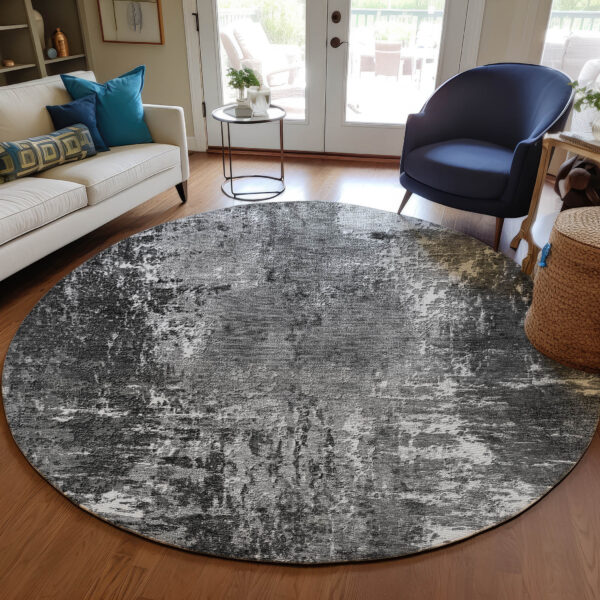 8' Gray Charcoal And Silver Round Abstract Washable Indoor Outdoor Area Rug