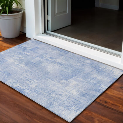 3' X 5' Sky Blue Denim Blue And Ivory Abstract Washable Indoor Outdoor Area Rug