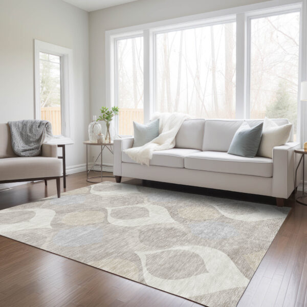 10' X 14' Ivory Beige And Tan Ogee Washable Indoor Outdoor Area Rug