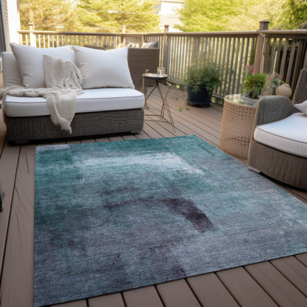 3' X 5' Teal Blue Aqua And Ivory Abstract Washable Indoor Outdoor Area Rug