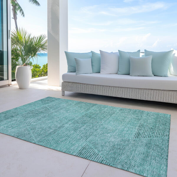 9' X 12' Teal Blue And Aqua Geometric Washable Indoor Outdoor Area Rug