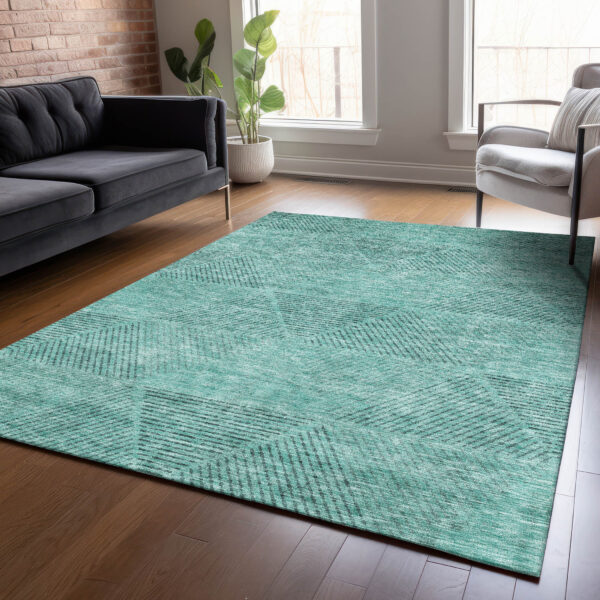 9' X 12' Teal Blue And Aqua Geometric Washable Indoor Outdoor Area Rug