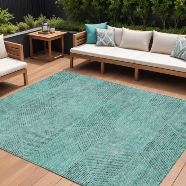 9' X 12' Teal Blue And Aqua Geometric Washable Indoor Outdoor Area Rug