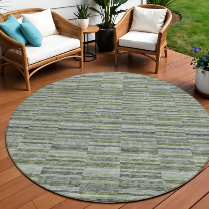 8' Olive Green And Gray Round Striped Washable Indoor Outdoor Area Rug