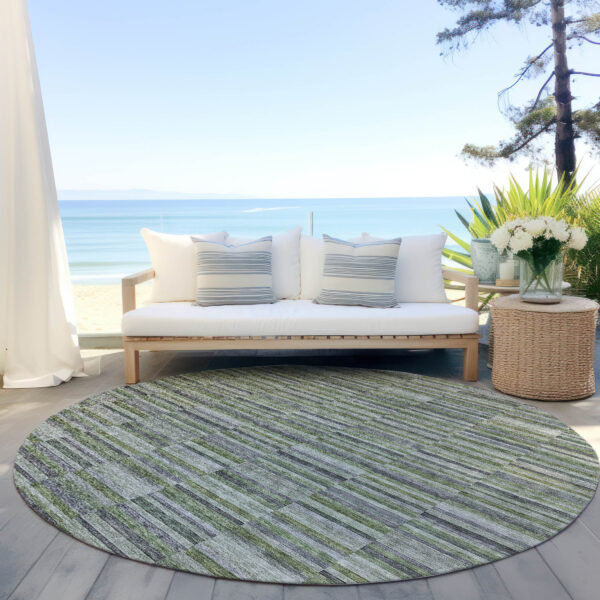 8' Olive Green And Gray Round Striped Washable Indoor Outdoor Area Rug