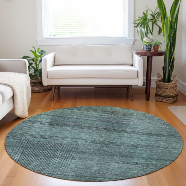 8' Teal Blue Aqua And Gray Round Striped Washable Indoor Outdoor Area Rug